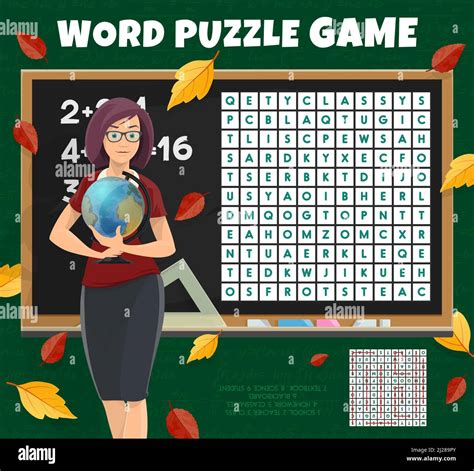 School teacher with globe on word search puzzle quiz game worksheet ...