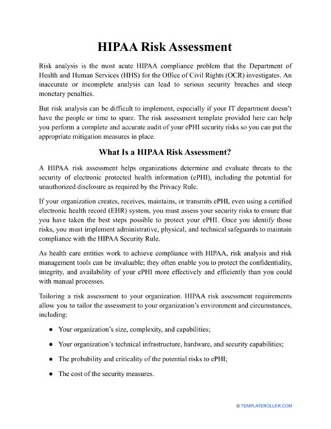 HIPAA Risk Assessment Template - Fill Out, Sign Online and Download PDF | Templateroller