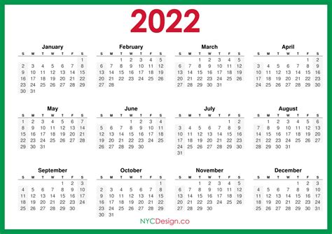 2022 Calendar Printable Free, Horizontal, Green, HD – Sunday Start – NYCDesign.co: Printable Things