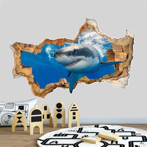 Shark Wall Decal Nautical Underwater Nursery Decor 3D Smashed Wall ...