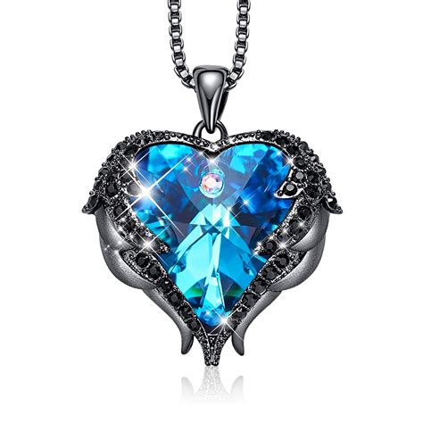 Dark Blue Heart & Wing Necklace with Swarovski Crystals | 24 Style