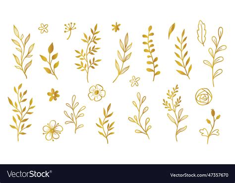 Gold branch leaf element set hand drawn sketch Vector Image