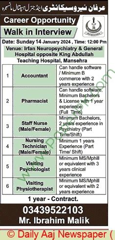 Nursing Technician jobs in Mansehra at Irfan Neuropsychiatry & General ...