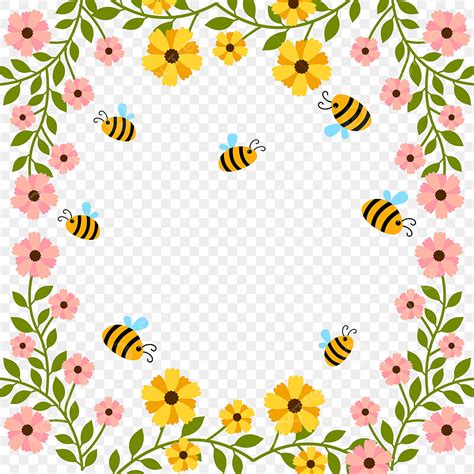 Spring Bees Clipart Hd PNG, Spring Bee Flower Frame With Bee, Cartoon, Artwork, Illustration PNG ...