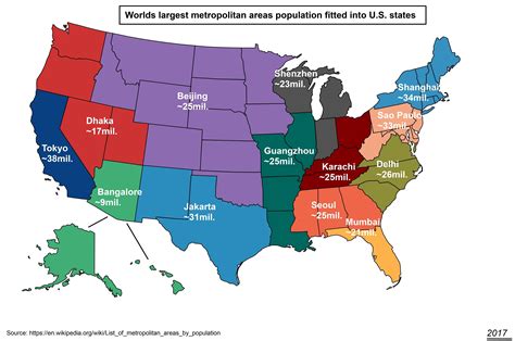 Worlds largest metropolitan areas population fitted into U.S. states ...