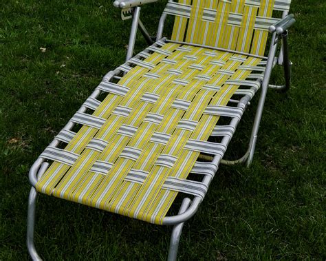 Vintage Chaise Lounge, Lawn Chair, Adjustable Recliner, Patio Furniture, Webbed Seat, Yellow ...