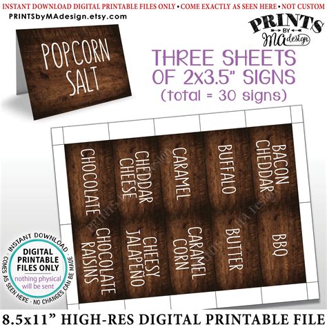 Popcorn Bar Labels, Popcorn Toppings, Sweet & Savory, 30 Rustic Wood Style Cards on PRINTABLE 8 ...