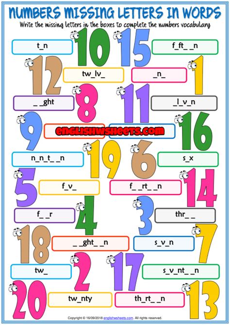 Numbers ESL Missing Letters In Words Exercise Worksheet