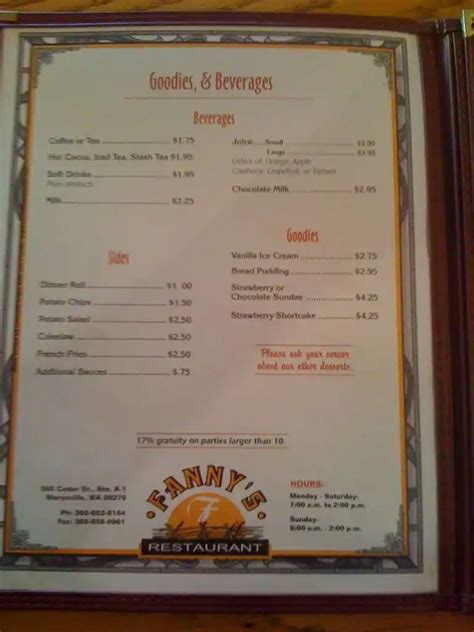 Menu at Fanny's Restaurant, Marysville, 505 Cedar Ave a1