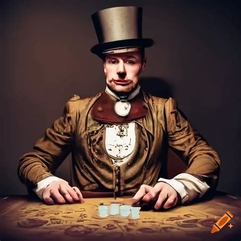 Victorian man with top hat playing steampunk-themed card game in dimly lit casino on Craiyon