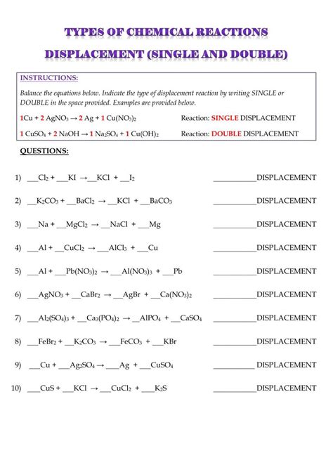 Chemical Reactions Types Worksheet Types Of Reactions Double and Single ...