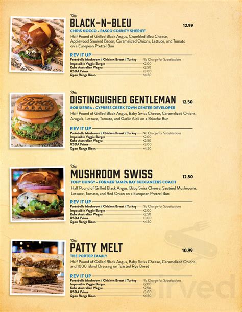 Ford's Garage menu in Fort Myers, Florida, USA