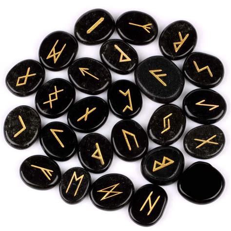 25pcs Natural Rune Stones Set Engraved Lettering Crystal Wiccan Pagan Black Obsidian Quartz ...