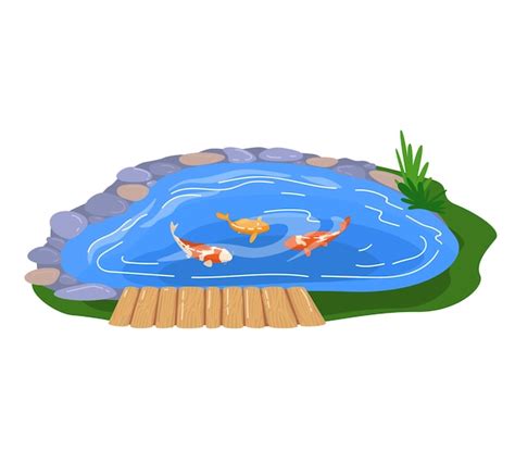 Premium Vector | Koi fish swimming in a garden pond with wooden dock serene outdoor fish pond ...