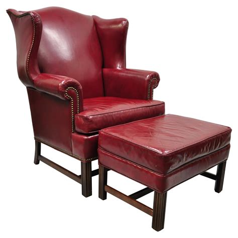 Ethan Allen English Georgian Burgundy Red Leather Wingback Lounge Chair ...