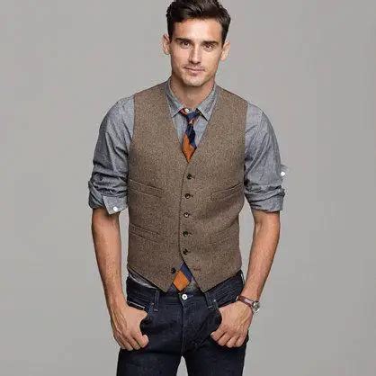 Brown Wool Herringbone Tweed Vest Men's Suit Vests Slim fit Groom Vests Vintage Wedding ...