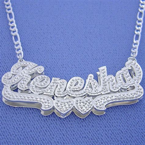 Sterling Silver Personalized 3D Double Plate Curved Large Name Pendant Charm Necklace Diamond ...