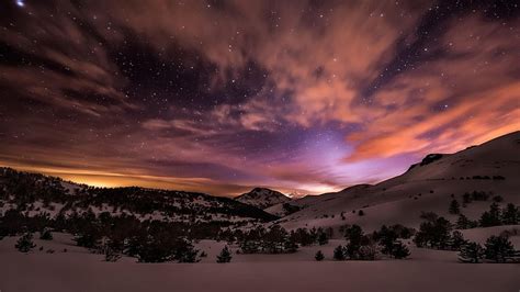 Online crop | HD wallpaper: starry night, winter, night sky, snowy, cloudy, landscape, mountains ...