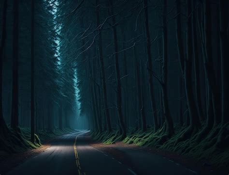 A road in a dark forest with a light on the ground. | Premium AI-generated image