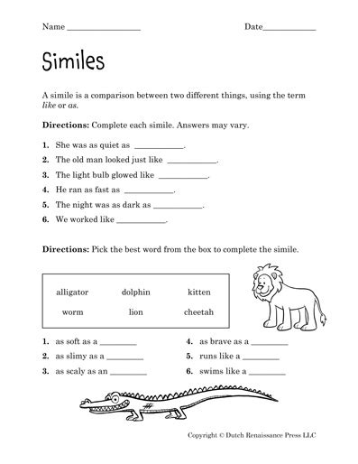 Simile Worksheets - Tim's Printables