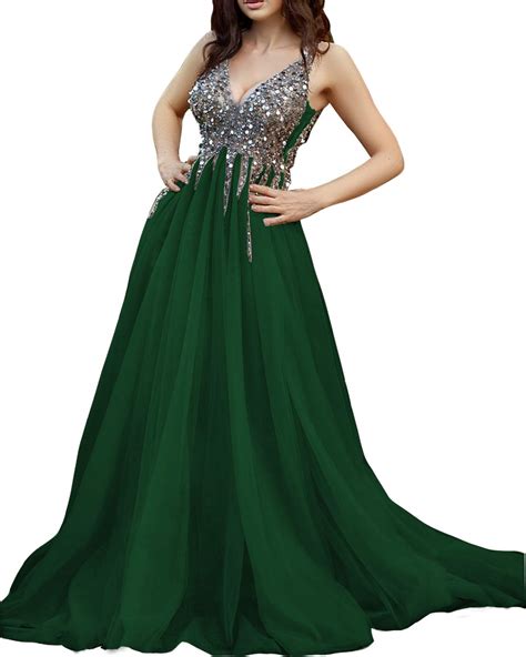 Ever-Beauty Womens Beaded V-Neck Prom Dress 2019 Long Sleeveless Tulle ...