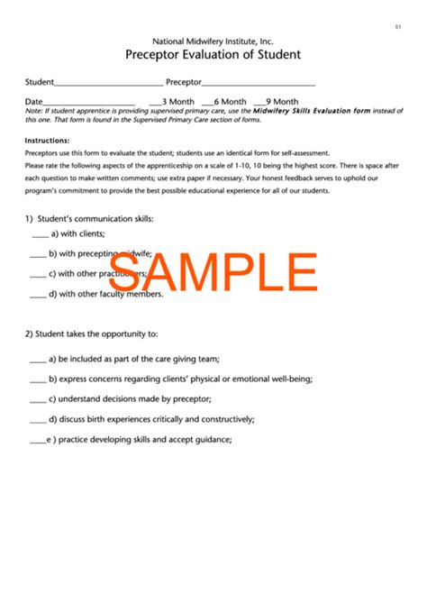 Fillable Sample Preceptor Evaluation Of Student printable pdf download