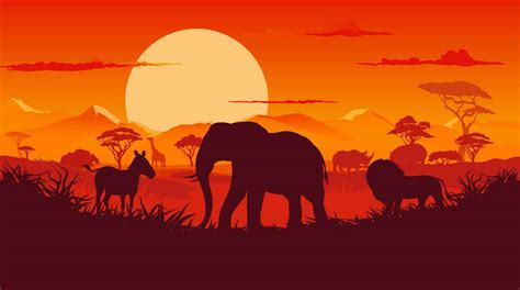 African sunset landscape with animals silhouettes 24081605 Vector Art at Vecteezy