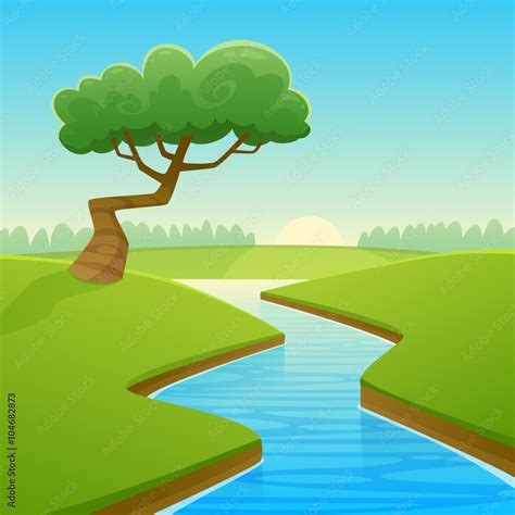 Cartoon illustration of summer rural landscape with river over land and ...