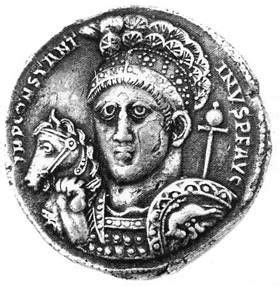 Medallion of Constantine the Great, c.315 AD. The Chi Rho symbol is visible on the headgear ...