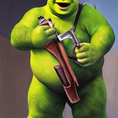 hyper realistic oil painting of shrek holding a weapon | Stable Diffusion