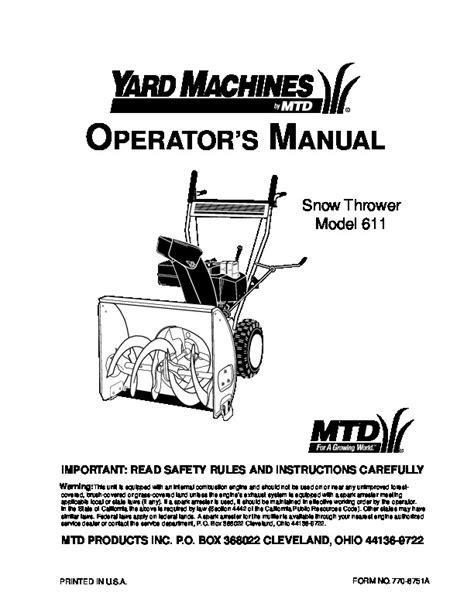 MTD Yard Machines 611 Snow Blower Owners Manual