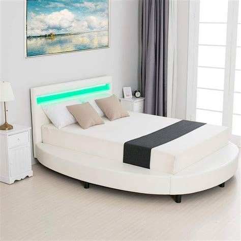 Mecor Modern Upholstered Round Platform Bed with LED Light Headboard, Faux Leather Bed Frame ...