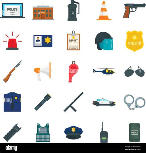 Police equipment icons set. Flat set of police equipment vector icons ...