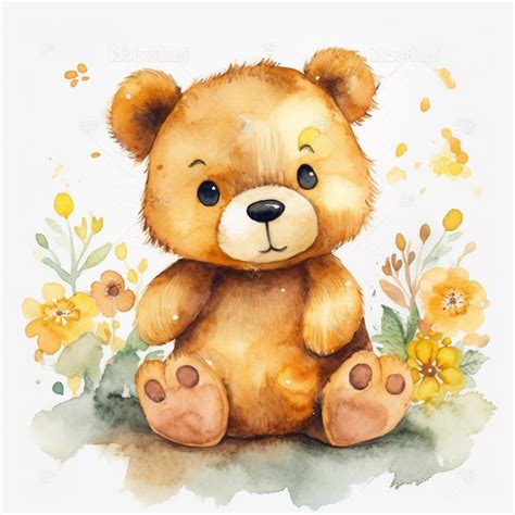 Premium Photo | A watercolor painting of a teddy bear sitting in the grass.