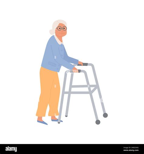 Elderly disabled woman with paddle walker. Old lady grandmother character on white background ...