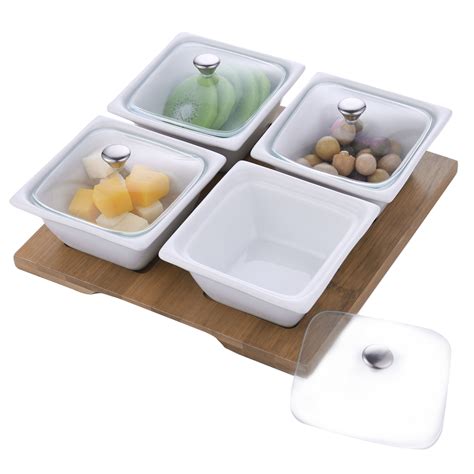 White Ceramic Relish Serving Bowl Set with Glass Lids & Bamboo Tray, Set of 4 - Walmart.com ...