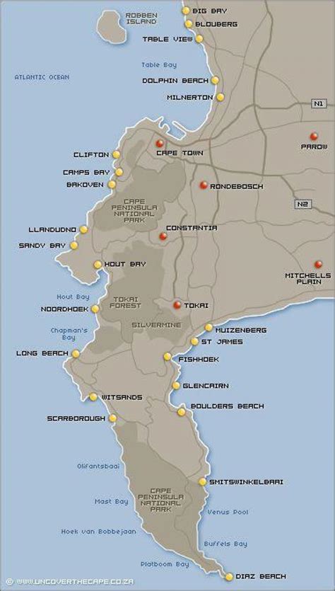 Cape Town beaches map - Map of Cape Town beaches (Western Cape - South Africa)