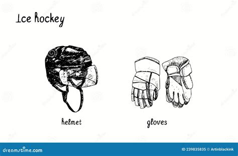 Ice Hockey Helmet and Gloves. Ink Black and White Doodle Drawing Stock Vector - Illustration of ...