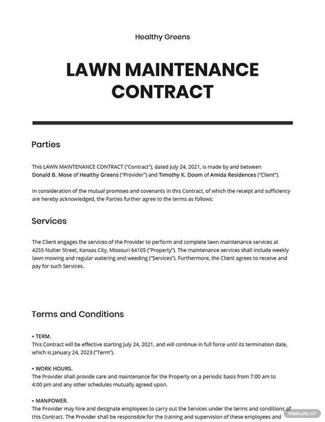 Lawn Maintenance Contract Template - Google Docs, Word, Apple Pages ...