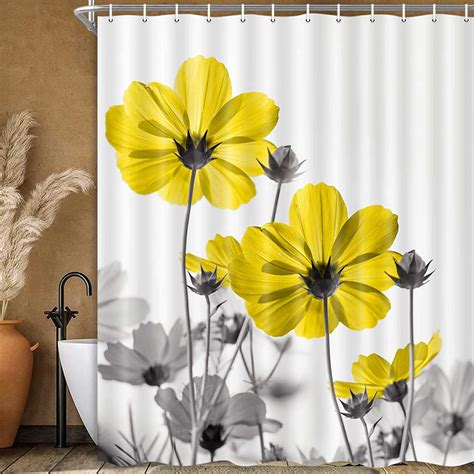 Unique Floral Yellow Shower Curtain for Bathroom Decor, Yellow and Grey ...