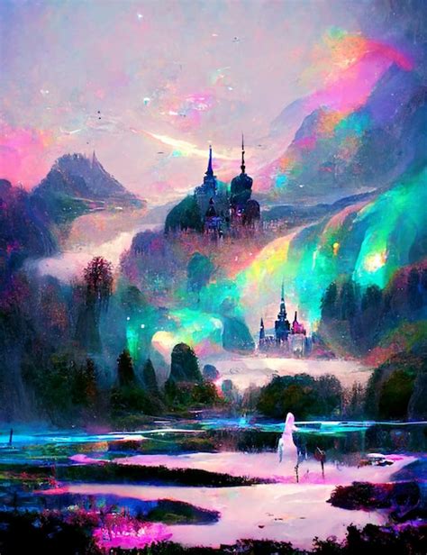 Premium Photo | Painting of a unicorn standing in front of a castle generative ai