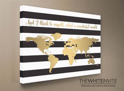 World Map Canvas Print Black and White Stripe Gold Faux | Etsy