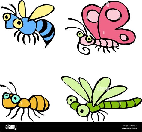 Cartoon insects flying and crawling somewhere. Vector illustration. Contour freehand digital ...