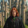 portrait adolescent male wizard red hair green eyes black robes, fantasy castle background ...
