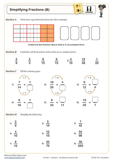 Simplifying Fractions (B) Worksheet | Cazoom Maths Worksheets