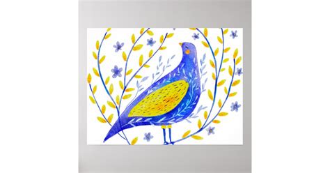 Modern Watercolor Blue and Yellow Bird Art Poster | Zazzle