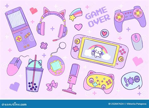 Kawaii Elements Set for Gamer Girl. 90s Game Cute Vector Illustration Stock Vector ...