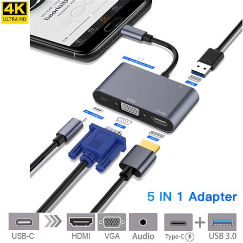 USB C to HDMI VGA Adapter, 5-in-1 USB C Hub with 4K HDMI,1080P VGA,USB ...