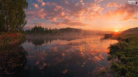 Fog, trees, clouds, viewes, lake, Sunrise, reflection - Beautiful views wallpapers: 1920x1080