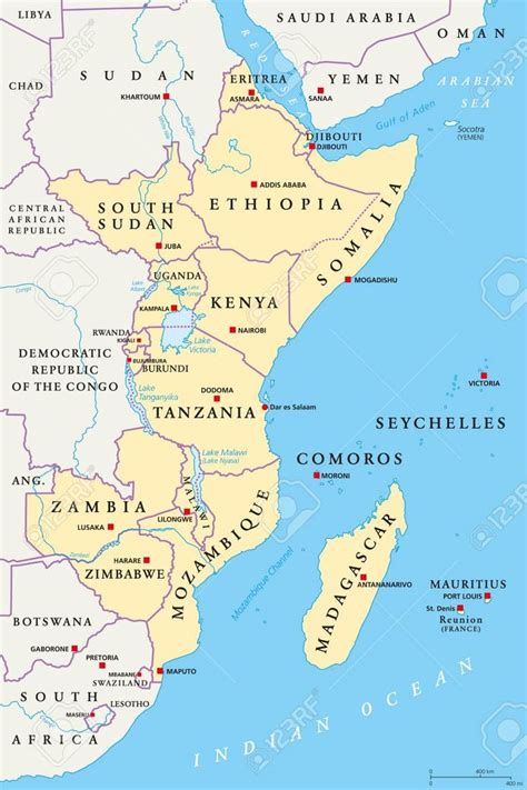 East Africa region, political map. Area with capitals, borders, lakes and important rivers ...